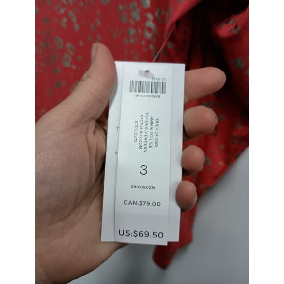 Chicos Womens BOHO Tunic Top XL Coral Metallic Animal Print Relaxed Long Sleeve - Picture 5 of 11